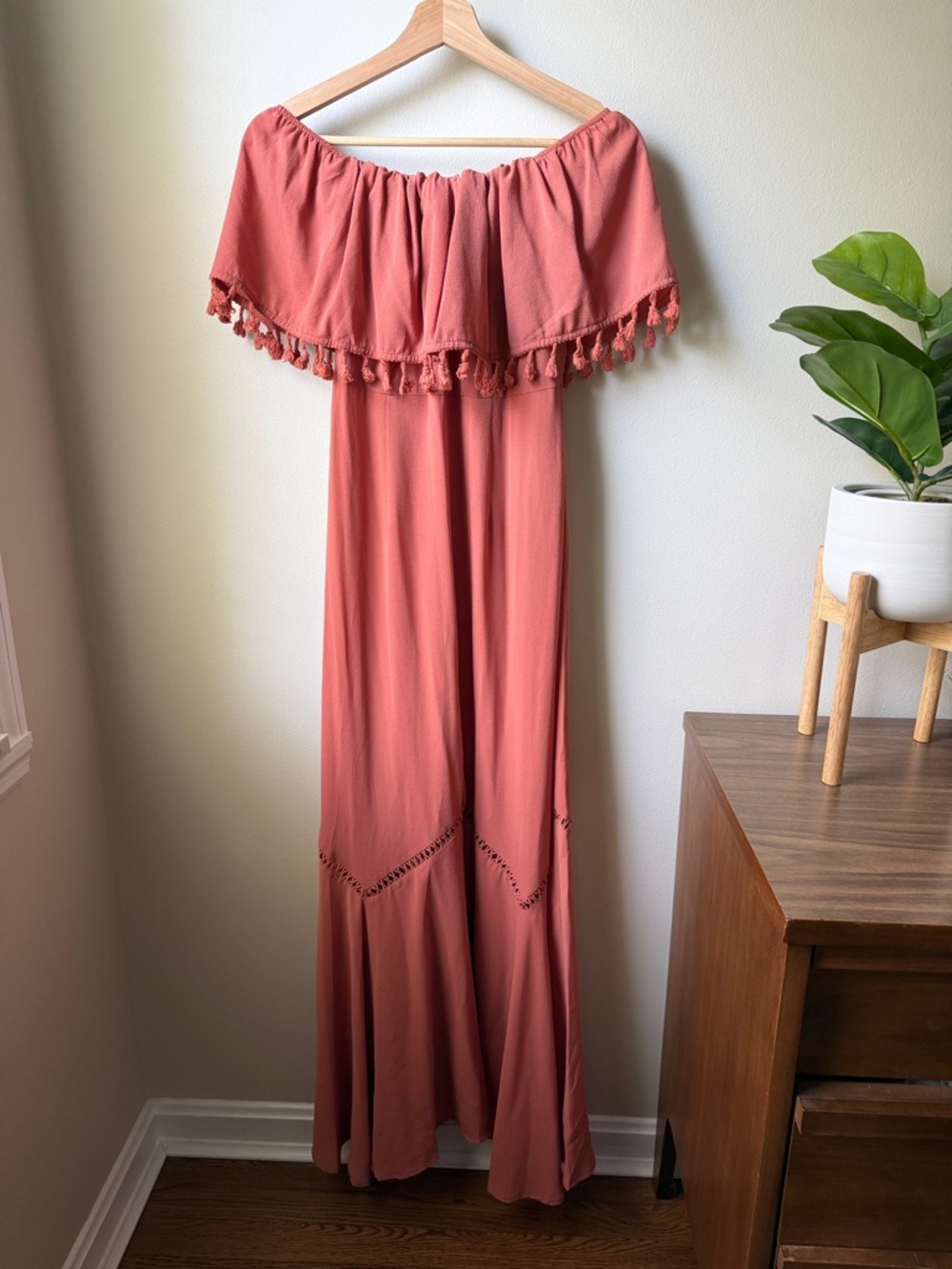 Boohoo Rust Off-Shoulder Tassel Maxi Dress